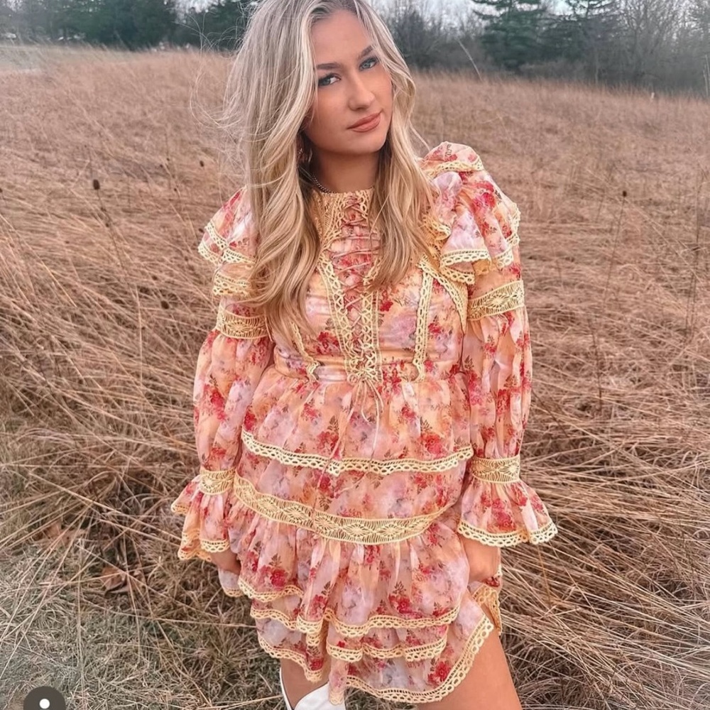 Floral Ruffle Dress with Lace Trim